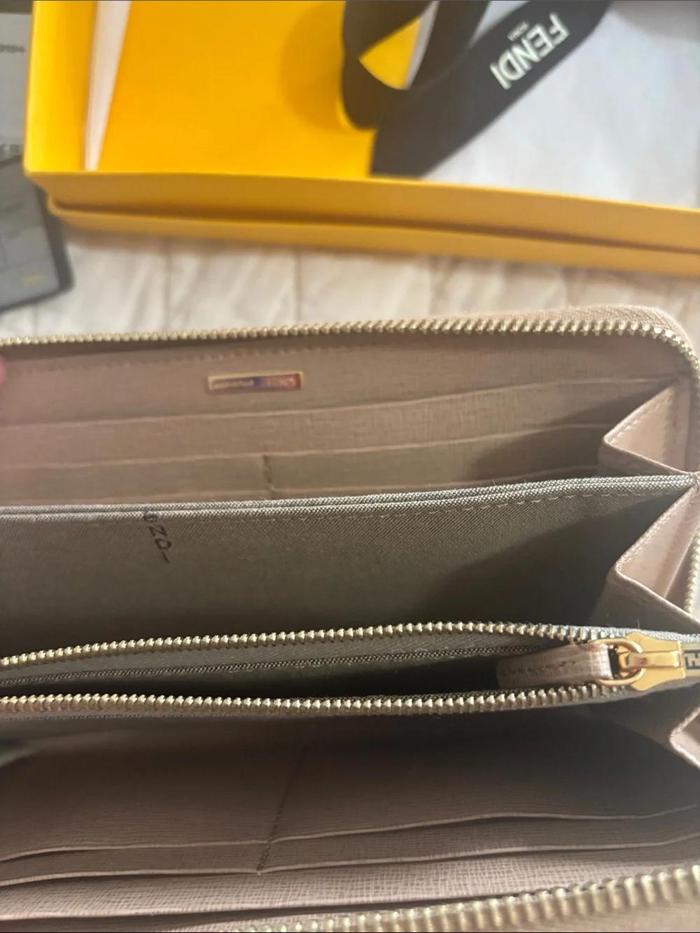 Fendi Taupe Zip-Around Leather Wallet with Gold Hardware